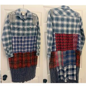 Free People Tricia Fix Patchwork Plaid Fringe Rhinestone Maxi Button Up Top Sz M